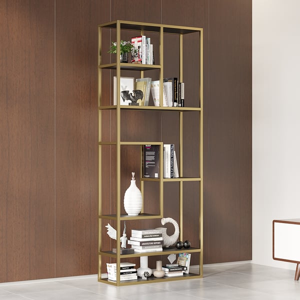 78 Modern Black & Gold Etagere Bookshelf Display 8-Shelf Tall Book Shelf with MDF and Stainless Steel Frame
