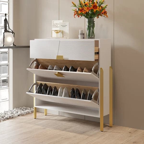 Modern Entryway White Shoe Storage Narrow Shoe Cabinet with 2 Flip Doo
