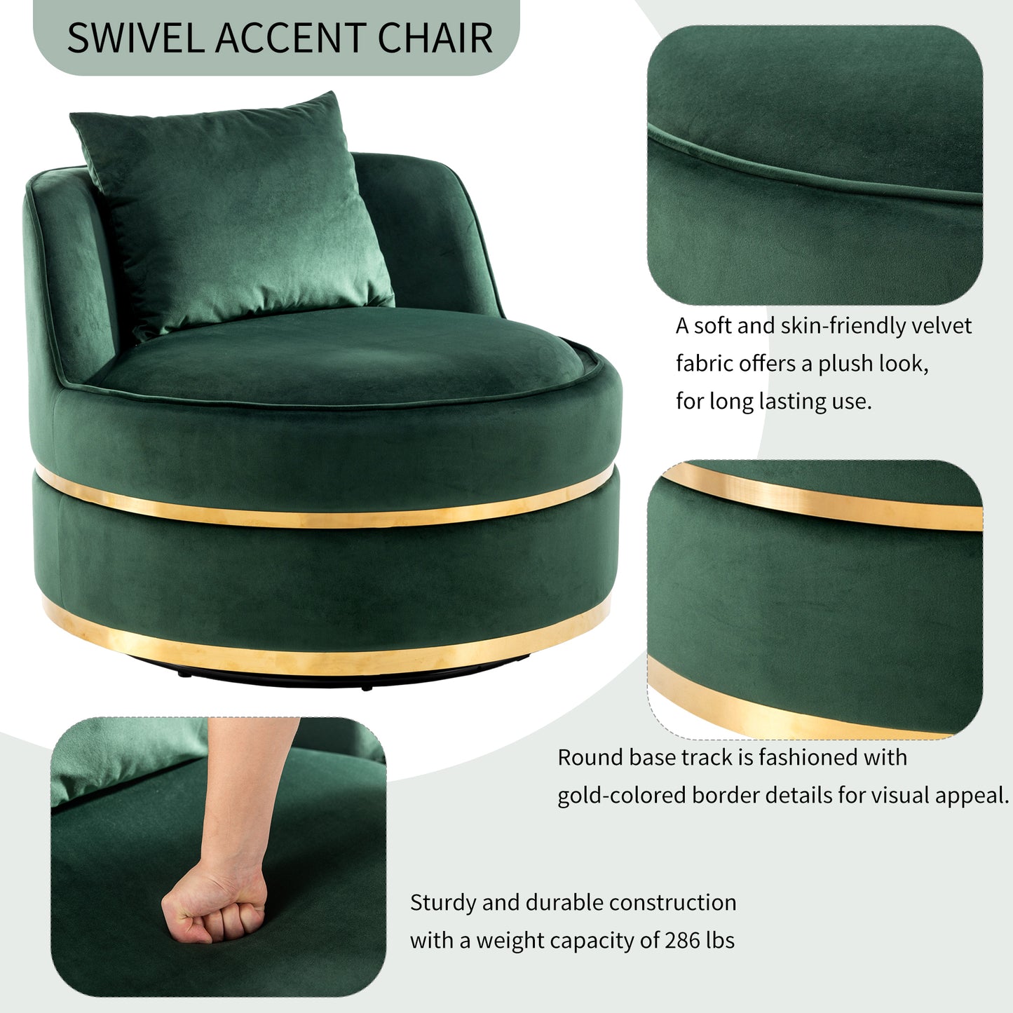 360 Degree Swivel Accent Chair Velvet Modern Upholstered Barrel Chair Over-Sized Soft Chair with Seat Cushion for Living Room, Bedroom, Office, Apartment, Green