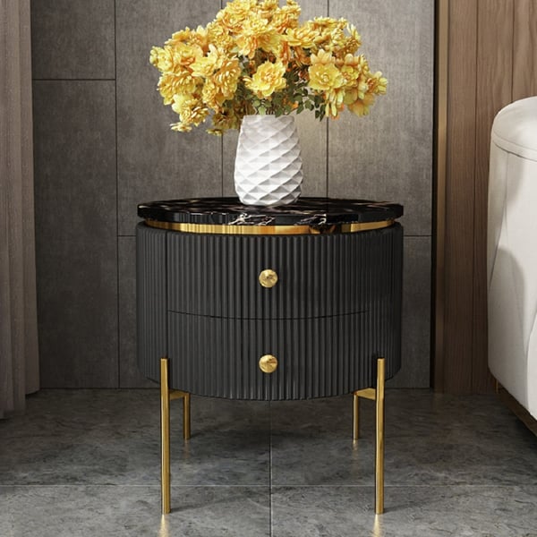 Modern Round End Table With Storage Black Faux Marble Side Table Gold Legs