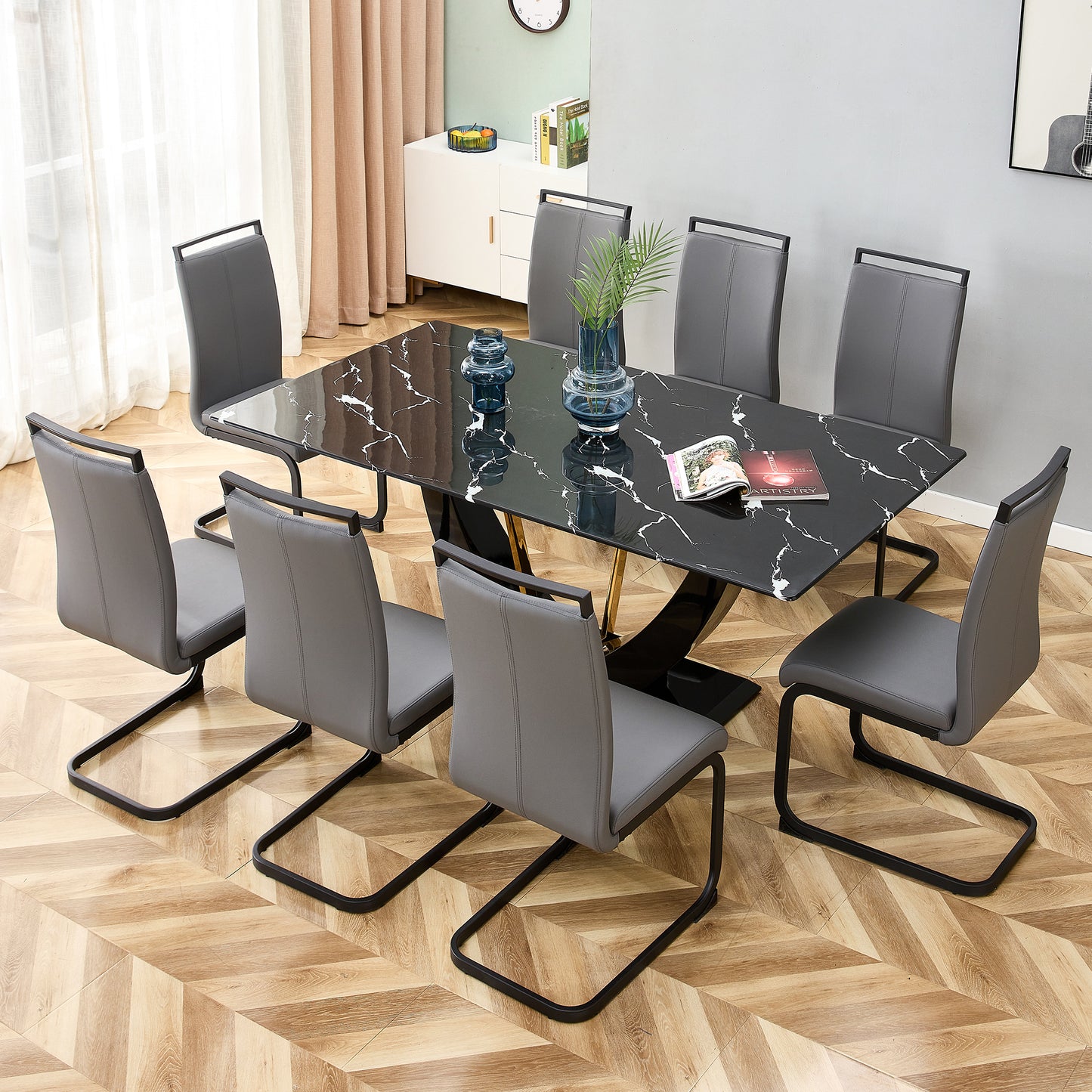 Stylish Rectangular Dining Table with Luxurious Black Imitation Marble Texture - Versatile Desk for Home