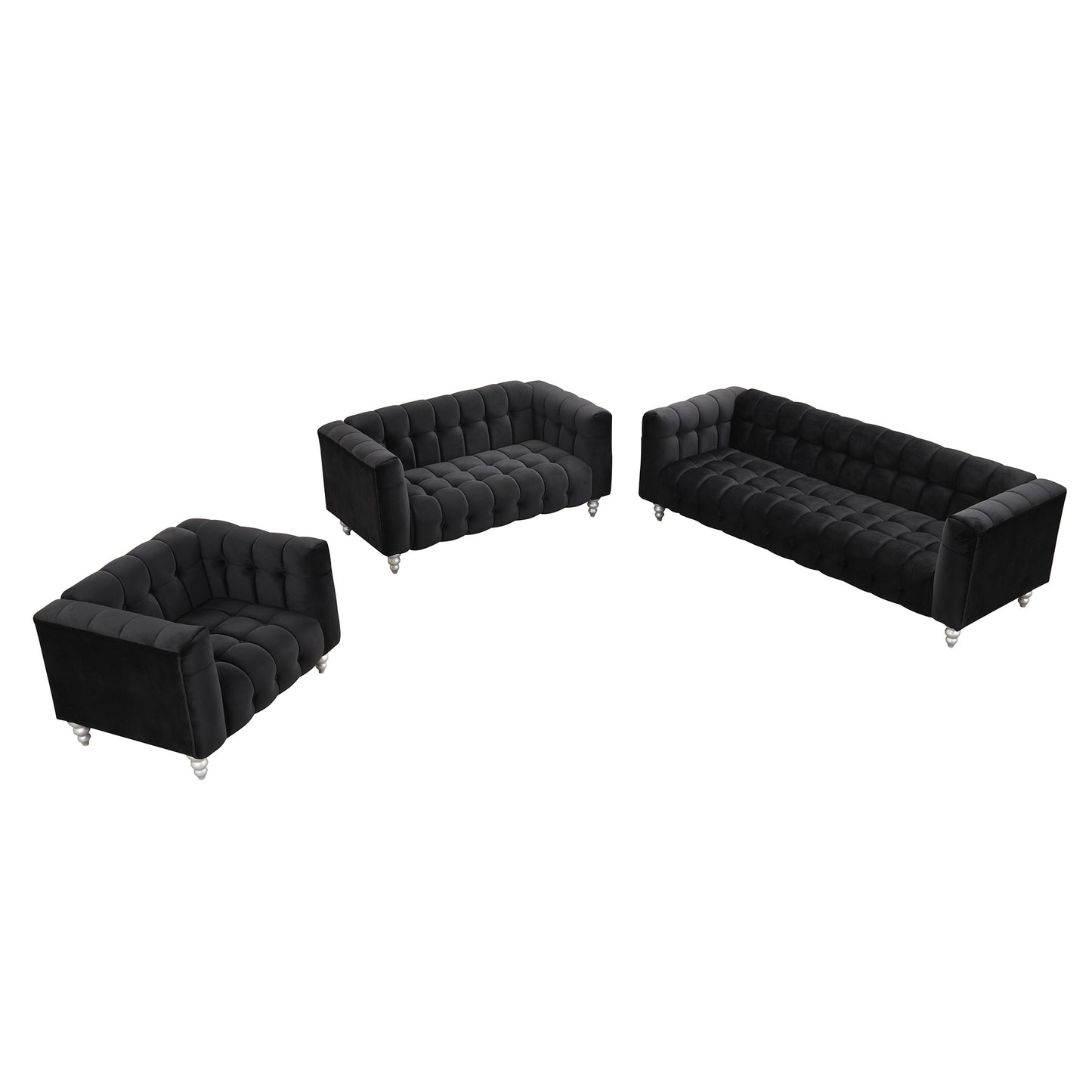 Modern 3-piece sofa set with solid wood legs, buttoned tufted backrest, Dutch fleece upholstered sofa set including three-seater sofa, double seat and living room furniture set single chair, black