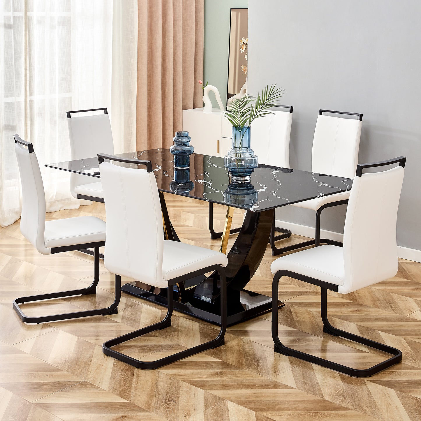 Stylish Rectangular Dining Table with Luxurious Black Imitation Marble Texture - Versatile Desk for Home