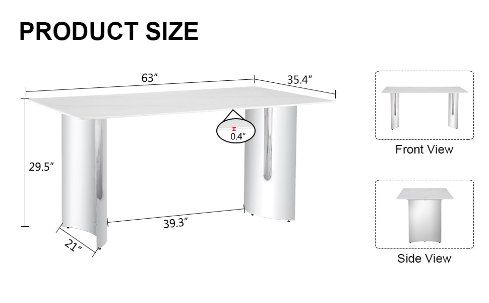 Contemporary White Imitation Marble Glass Dining Table - Stable Stainless Steel Legs for Stylish Dining Rooms