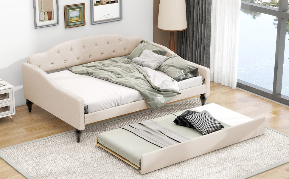 Lit de repos capitonné pleine taille avec lit gigogne simple, beige