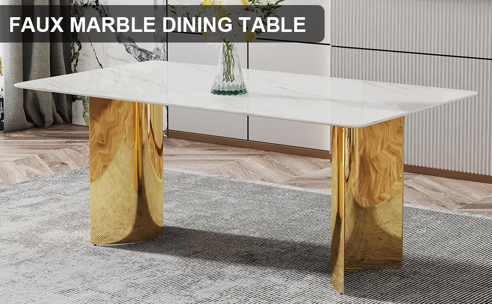 Stylish 71" Minimalist Dining Table with White Imitation Marble Glass Surface and Gold Metal Legs - Ideal for Dining Areas and Living Spaces