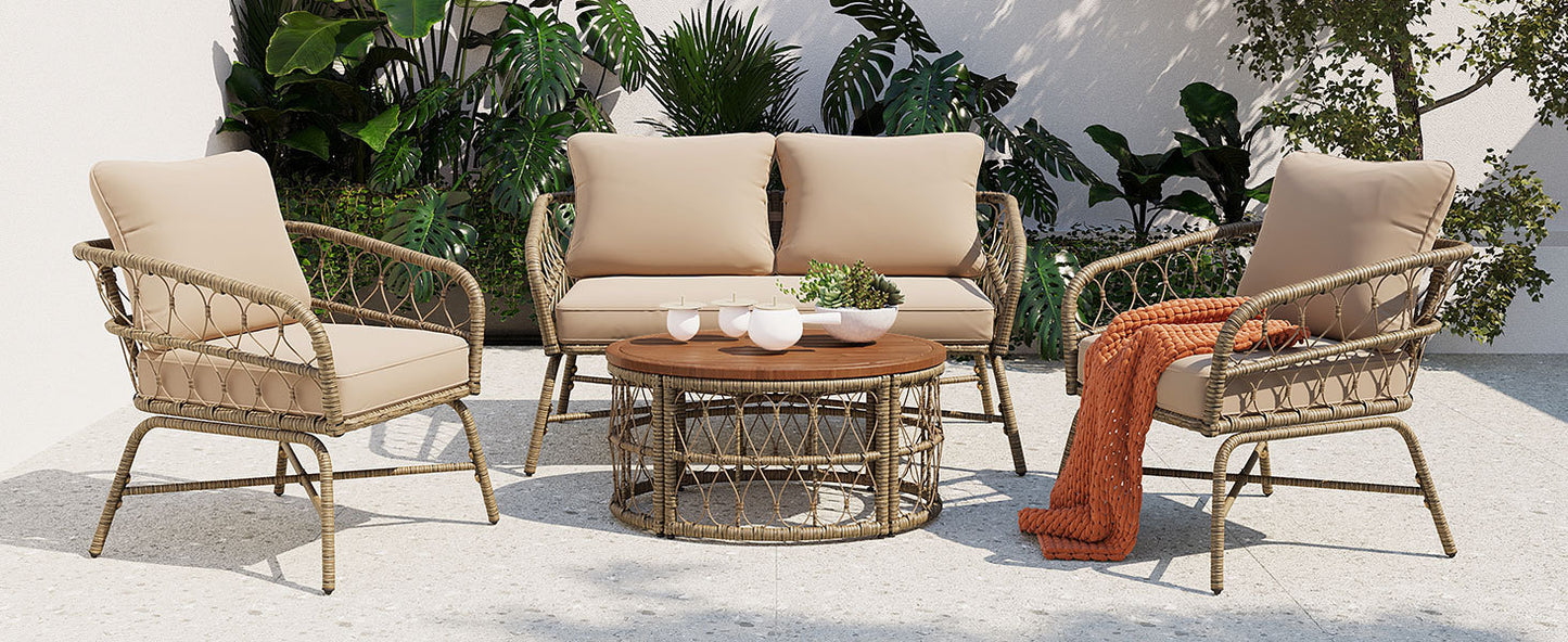 Bohemia-Inspired 4-Person Outdoor Seating Group - Removable Cushions and Wood Tabletop, Beige Conversation Patio Set