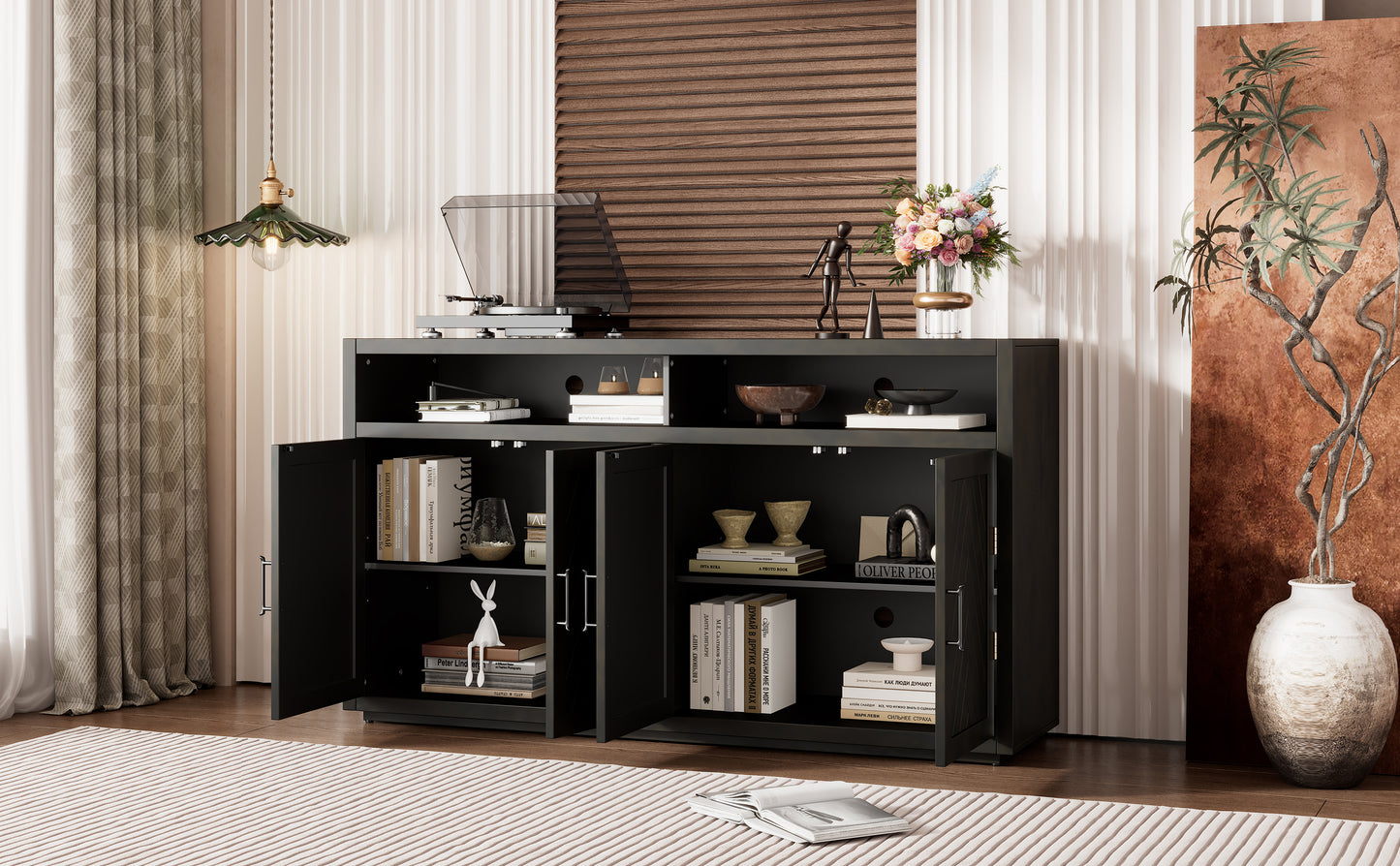 TREXM 4-door Classic Sideboard with Open Storage and Adjustable Shelves Perfect for kitchens,  living rooms (Grey Brown)