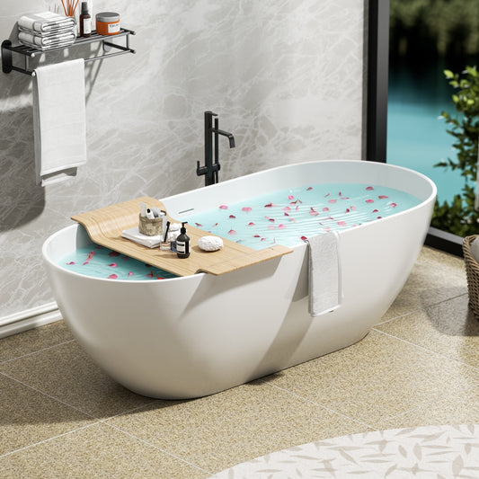 Elegant 59" Freestanding Solid Surface Bathtub – Luxury Matte White Soaking Tub with Efficient Overflow & Pop-Up Drain