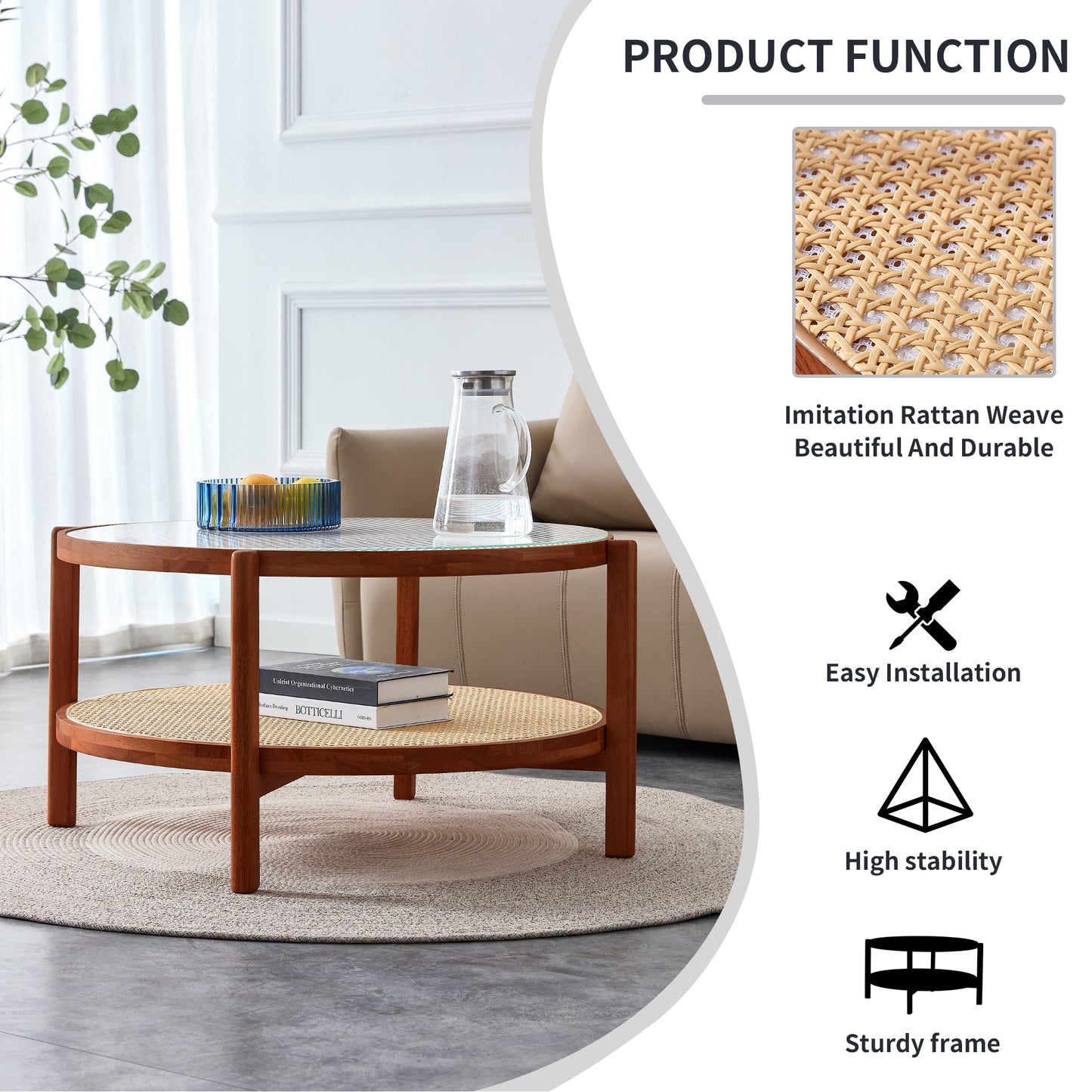 Modern Minimalist Circular Coffee Table - Double-Layer Solid Wood Design with Craft Glass Top and PE Rattan