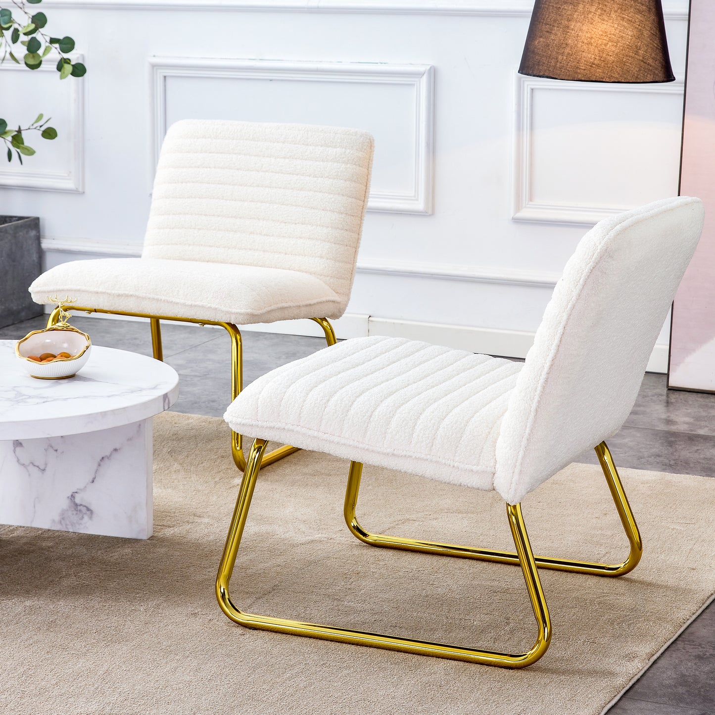 White Minimalist Armless Sofa Chair with Plush Cushion and Backrest - Elegant Design with Golden Metal Legs, Ideal for Offices, Restaurants, Kitchens, and Bedrooms