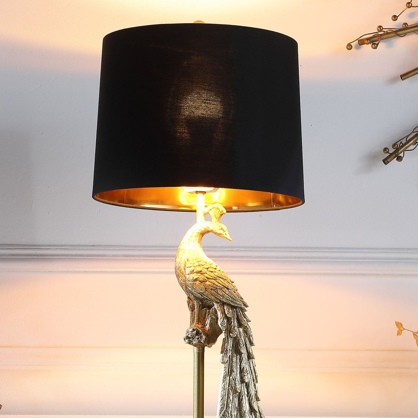 29" Modern Elegance Golden Peacock On Pedestal Polyresin Table Lamp