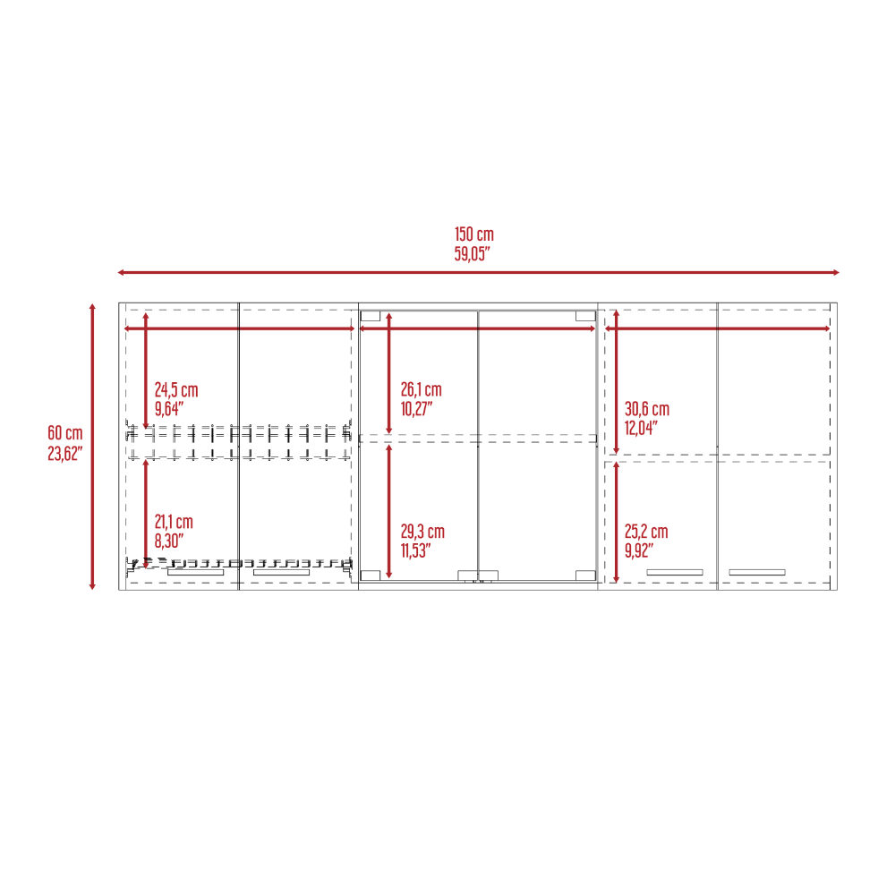 Armoire murale 24" H, quatre portes, avec deux tablettes internes et organisateur interne pour assiettes et verres, deux tablettes de rangement avec deux portes vitrées, blanc