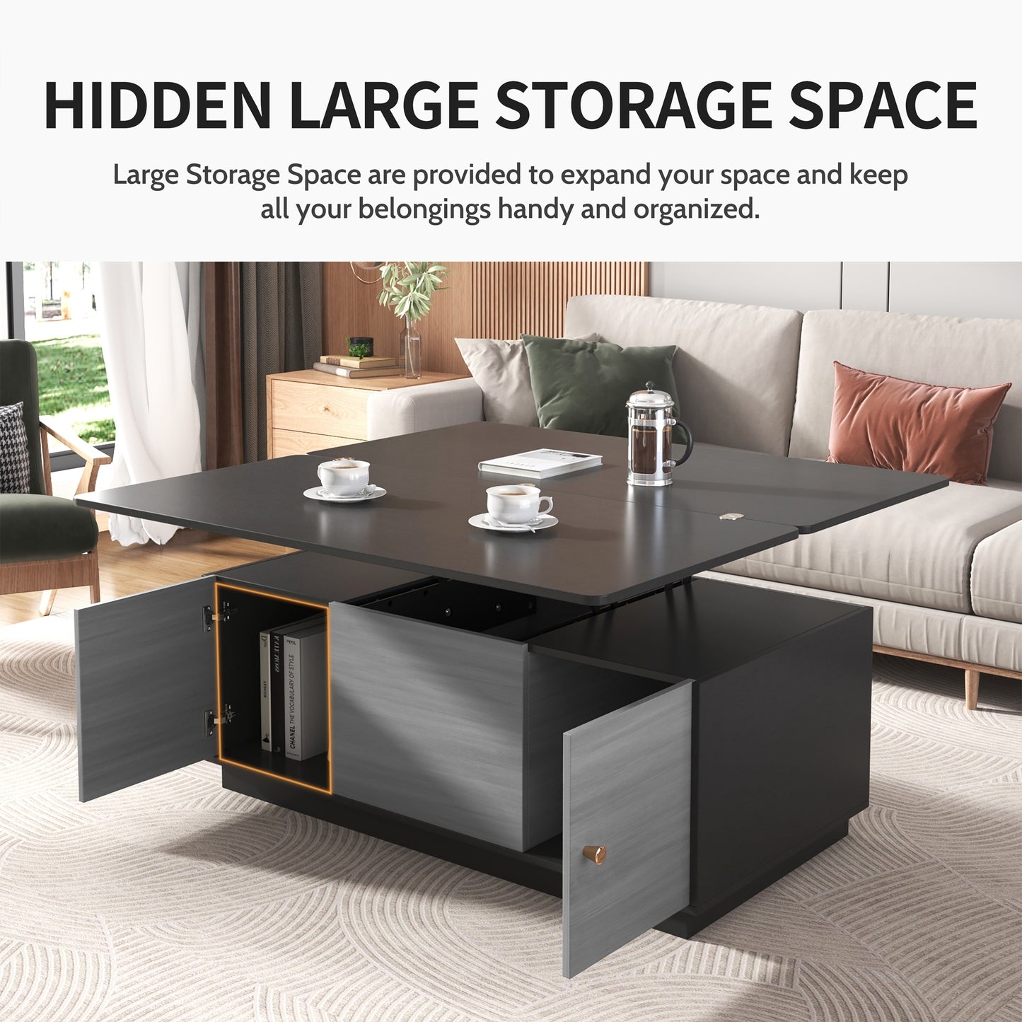 Modern Gray Multi-functional Rectangle Lift-top Coffee Table Extendable with Storage