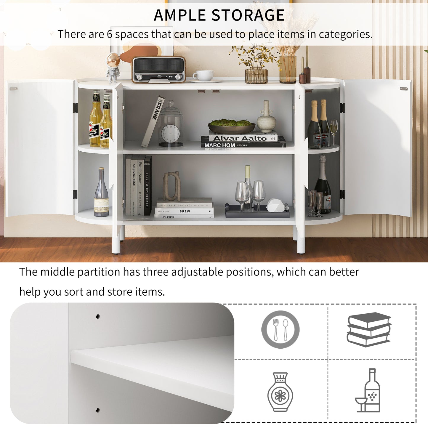 U-Style Curved Design Light Luxury Sideboard with Adjustable Shelves,Suitable for Living Room,Study and Entrance