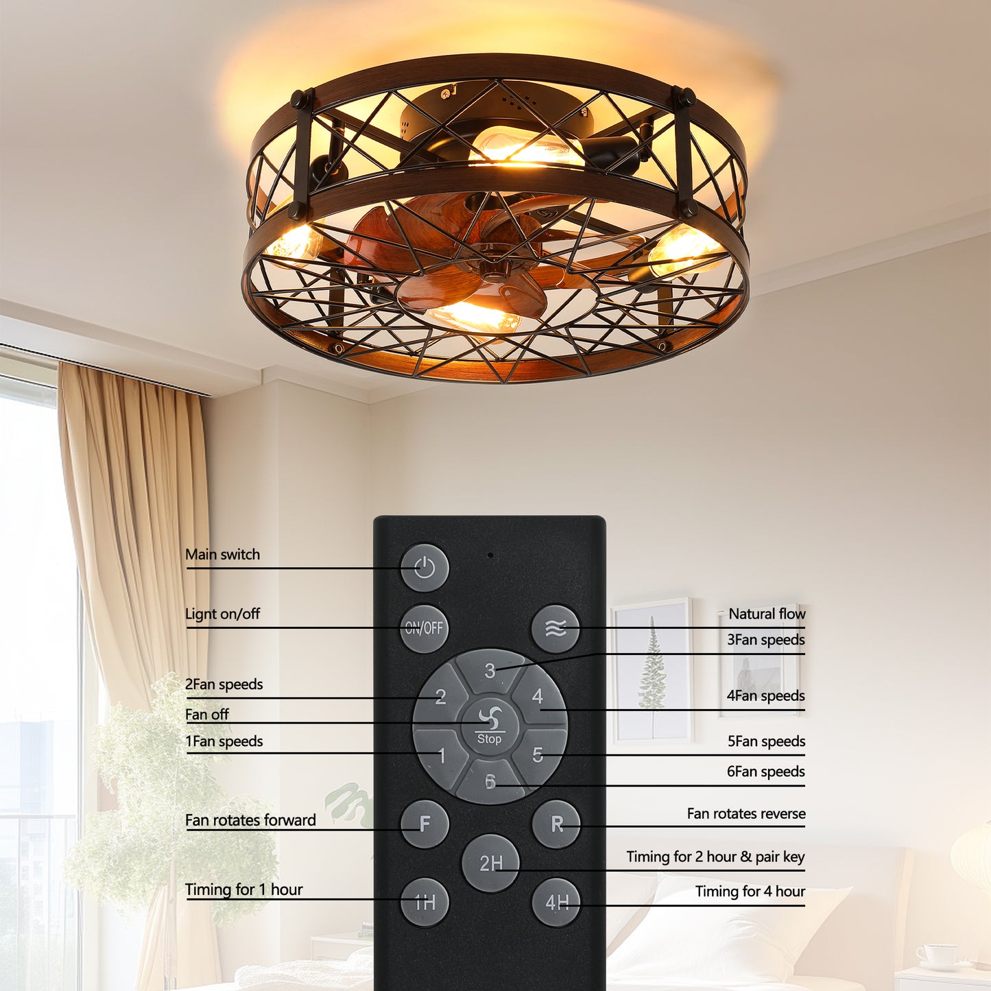 Caged Ceiling Fans with Lights Black, 20 inch Flush Mount Ceiling Fan Light, Farmhouse Small Ceiling Fan with Light Fixture, Reversible Fan for Bedroom, Office, Kitchen (E26 Bulbs Included)