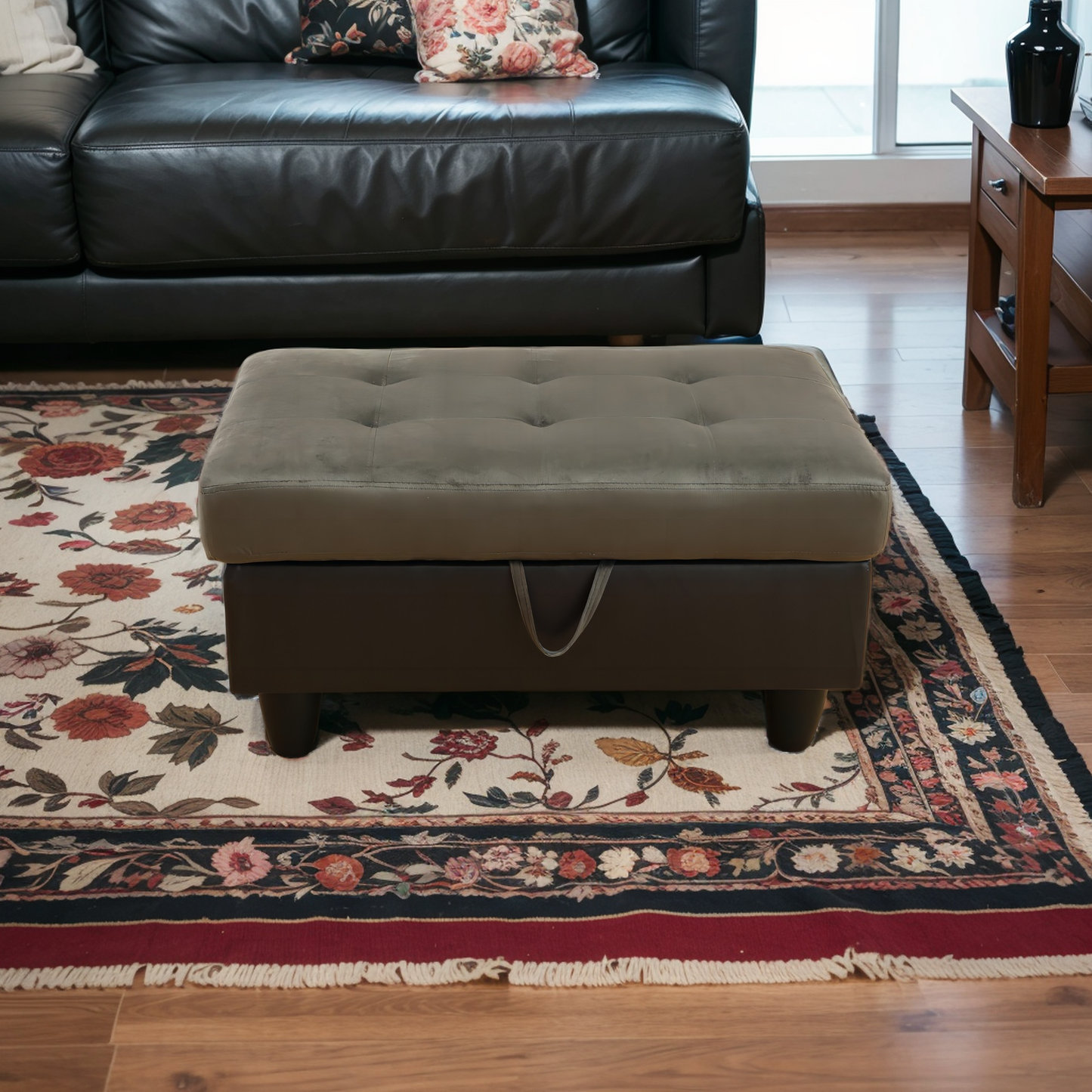 Ottoman rectangulaire rembourré avec rangement et tige de liquide, repose-pieds en flanelle touffetée pour salon, chambre à coucher, dortoir, taupe