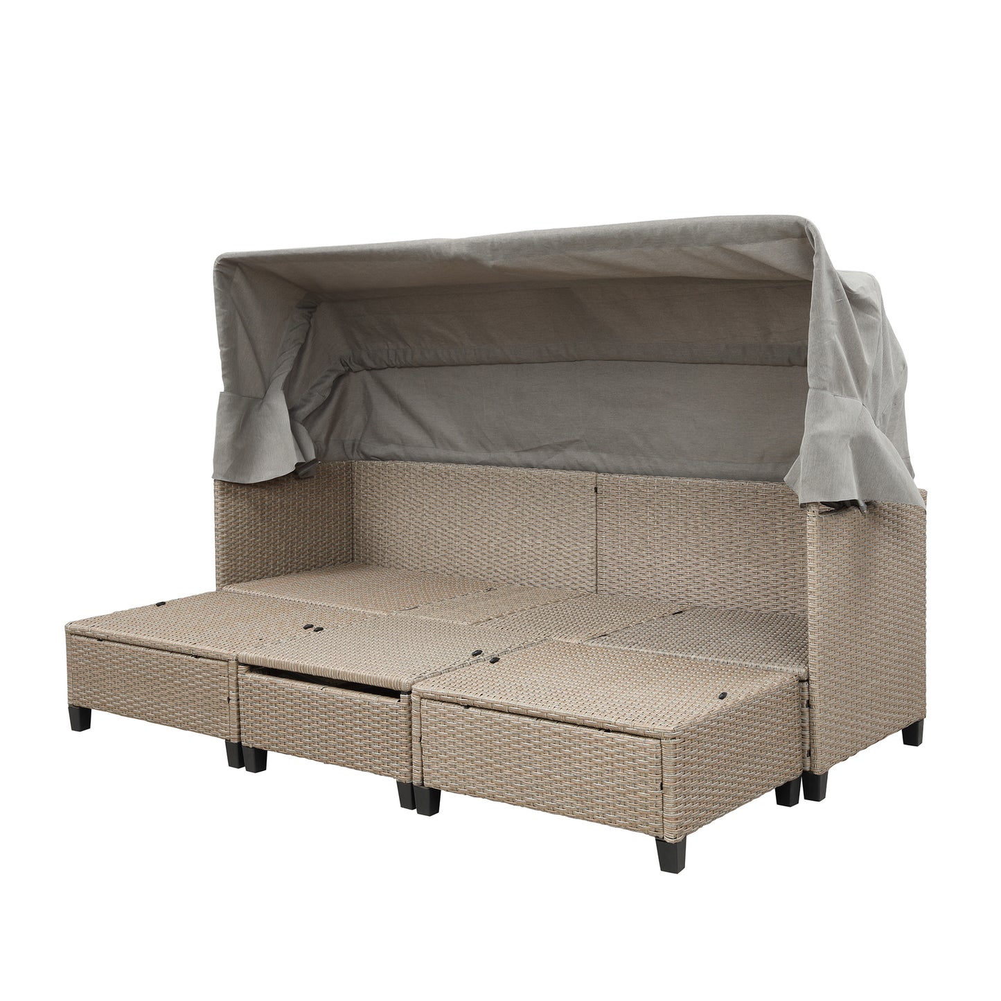 TOPMAX Ensemble de canapé de patio en osier en résine résistant aux UV 4 pièces avec auvent rétractable, coussins et table élévatrice, marron