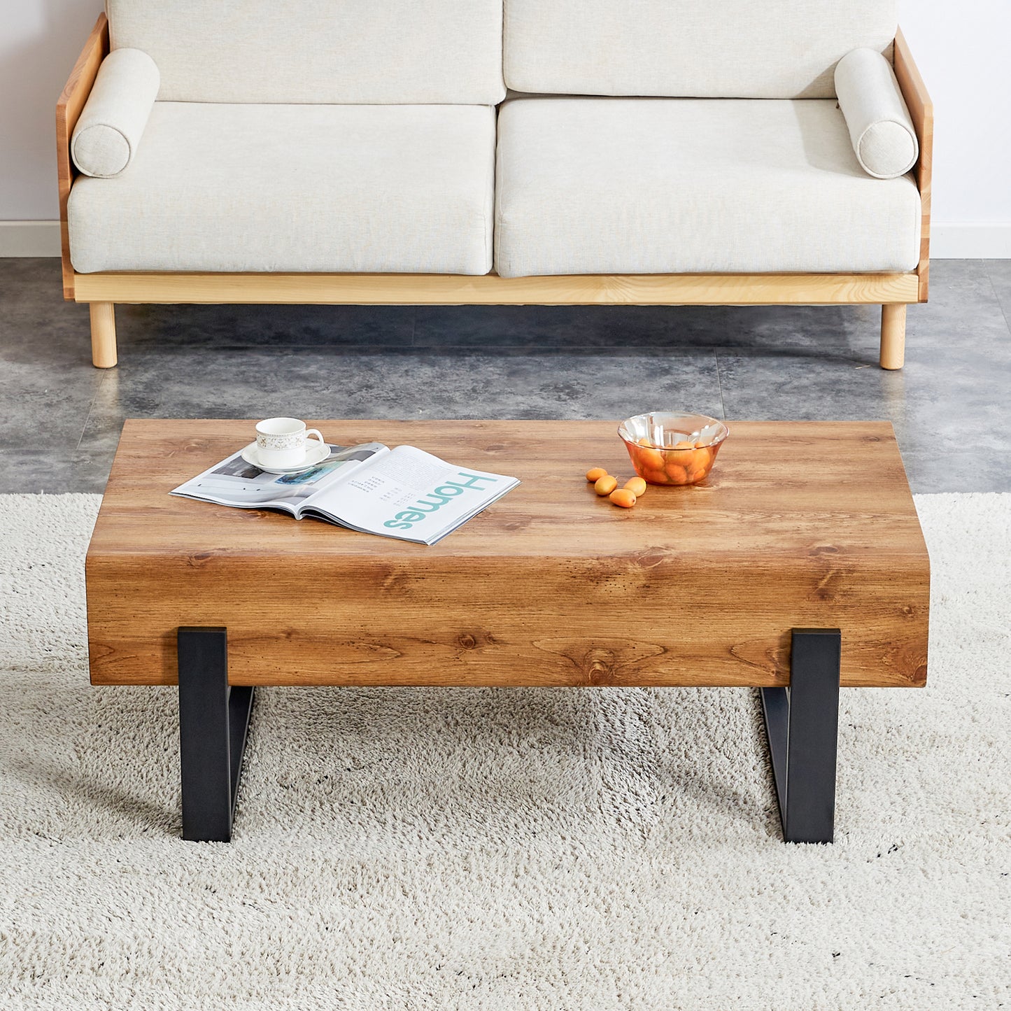 Natural Wood Tone Rustic MDF Coffee Table with Metal Legs