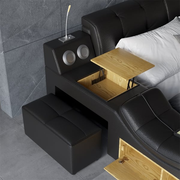 Black Smart Bed King Size Tufted Platform Bed with Massage, Storage & Speaker