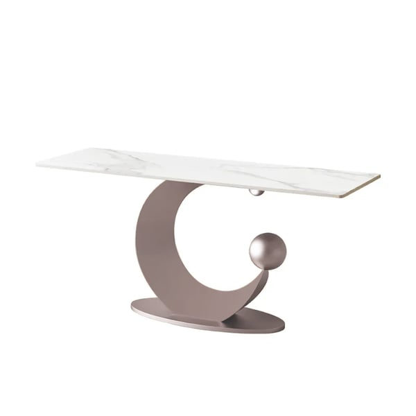 Table console étroite de 47 po, plateau en pierre frittée blanche et base en acier au carbone demi-lune