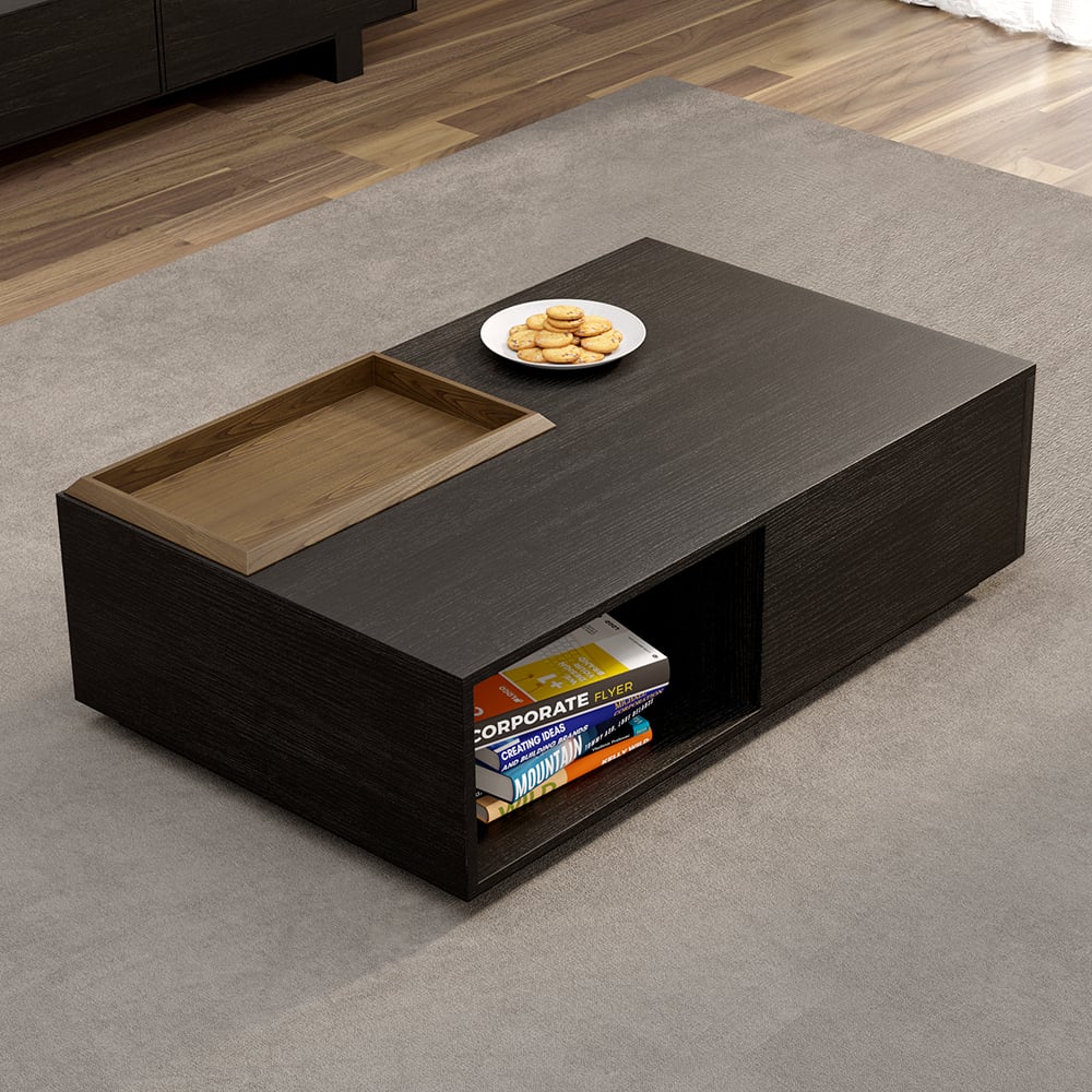 Rectangular Wood Coffee Table with Drawer & Removable Tray top Black & Walnut