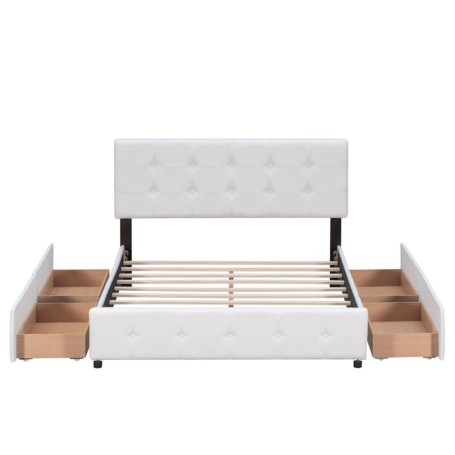 Lit plateforme rembourré avec tête de lit classique et 4 tiroirs, aucun sommier tapissier nécessaire, tissu en lin, Queen Size blanc