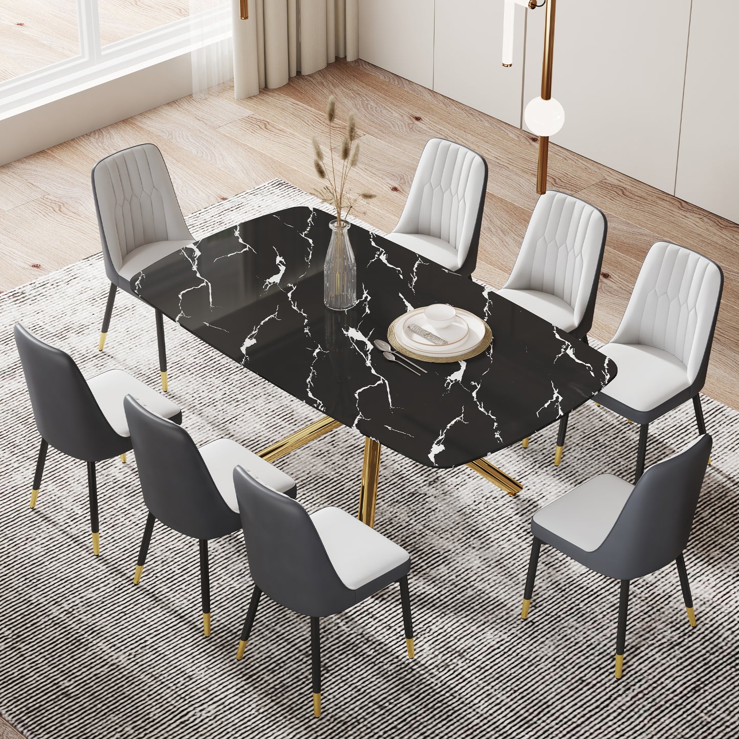 Contemporary Large Dining Table with Black Imitation Marble Top - 0.39" Thick Design with Golden Metal Legs, Perfect for Dining Rooms