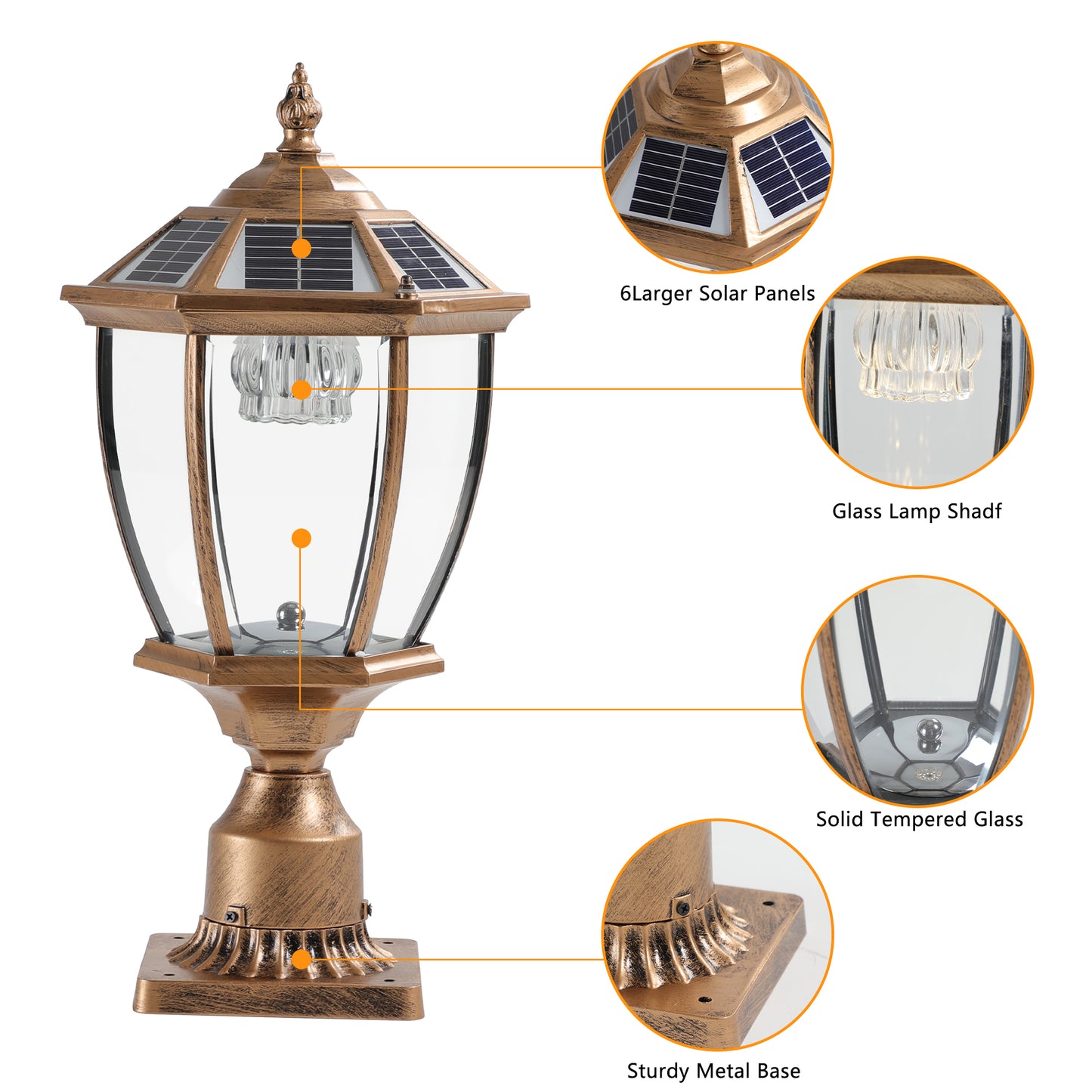 Solar-Powered Retro Gold Column Headlights with Dimmable LED - 2 Pack