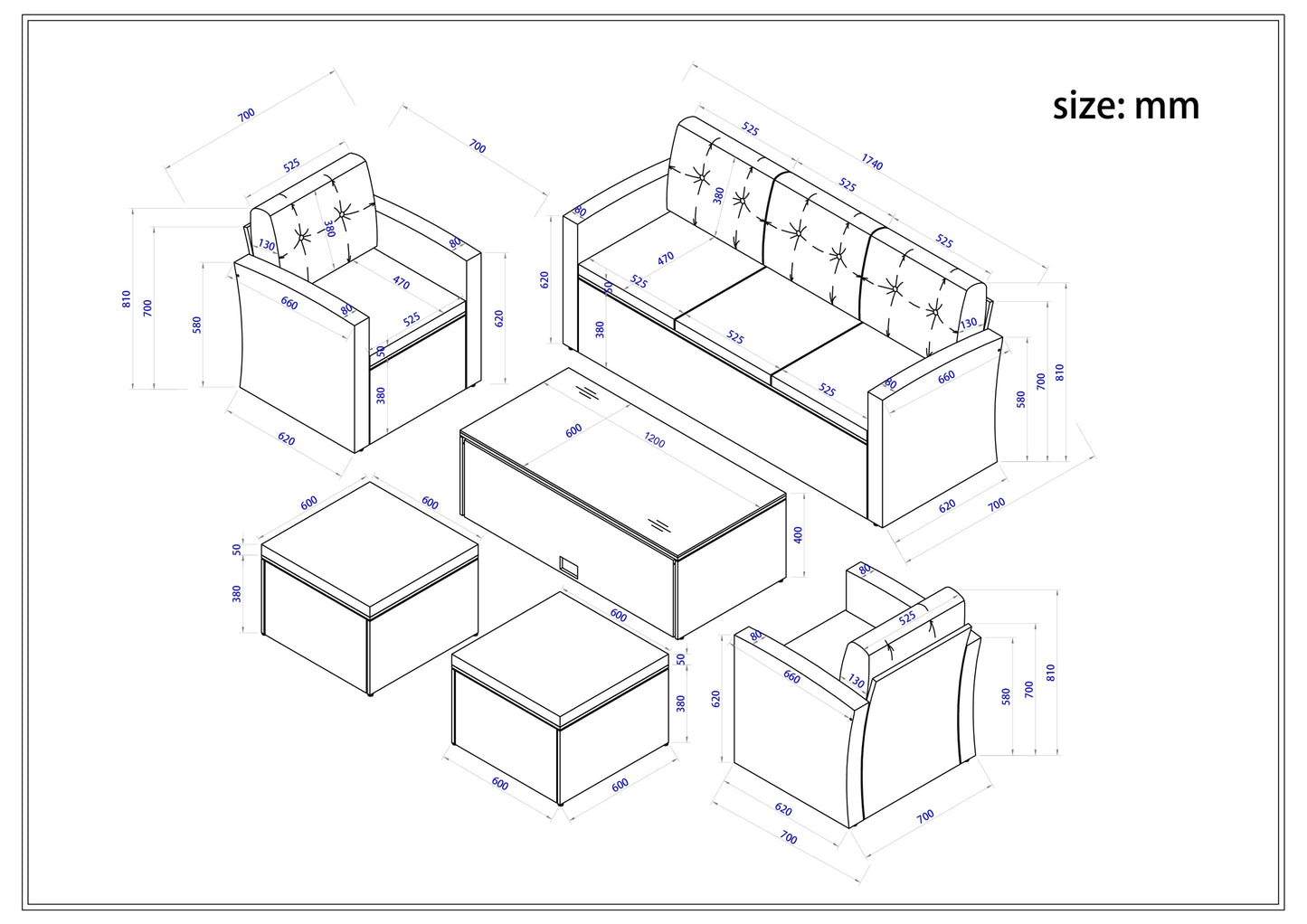 GO Ensemble sectionnel de conversation en osier PE 6 pièces résistant aux intempéries pour patio, salle à manger en plein air, avec table basse, canapés en osier, poufs et coussins amovibles (osier gris foncé, coussin gris clair)