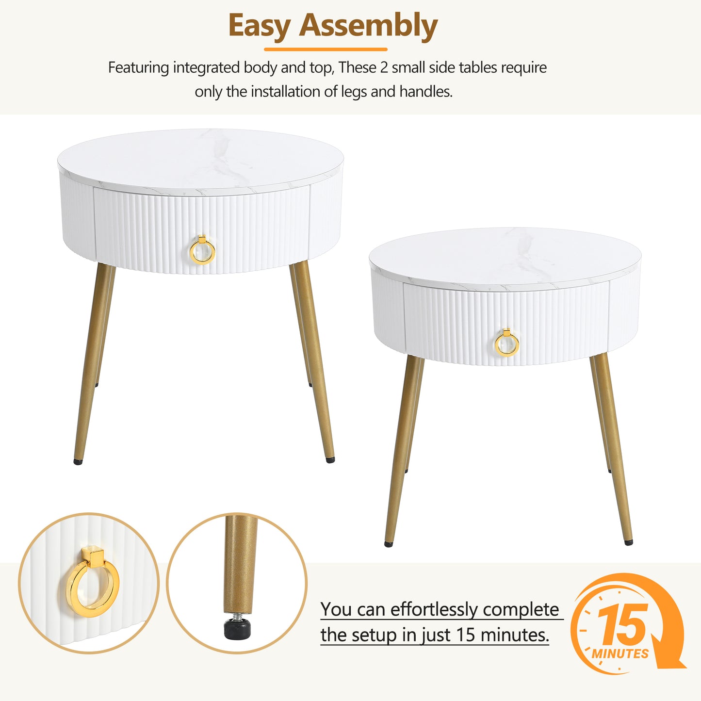 ON-TREND Φ19.6'' Easy Assembly End Tables with High Gloss Faux Marble Tabletops, Set of 2, Modern Fluted 2 Side Tables with Drawers, Round Coffee Tables with Golden Legs for Living Room, White