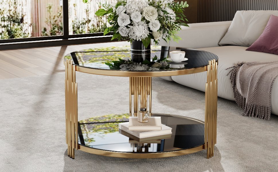 Modern Black Mirror Coffee Table, Asymmetrical Metal, Circular Metal Drum Base, Gold Finish & Lower Shelf