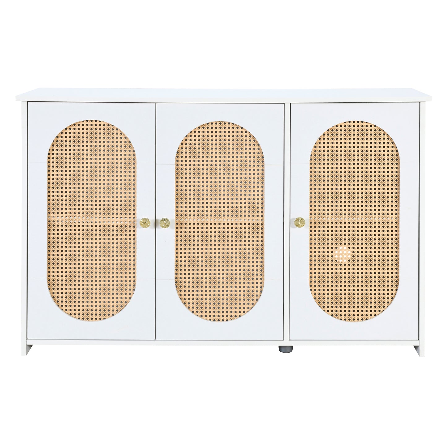 TREXM Retro 3-Door Sideboard with Large Storage Space Artificial Rattan Doors and Metal Handles, Accent Cabinet for Living Room and Hallway (White)