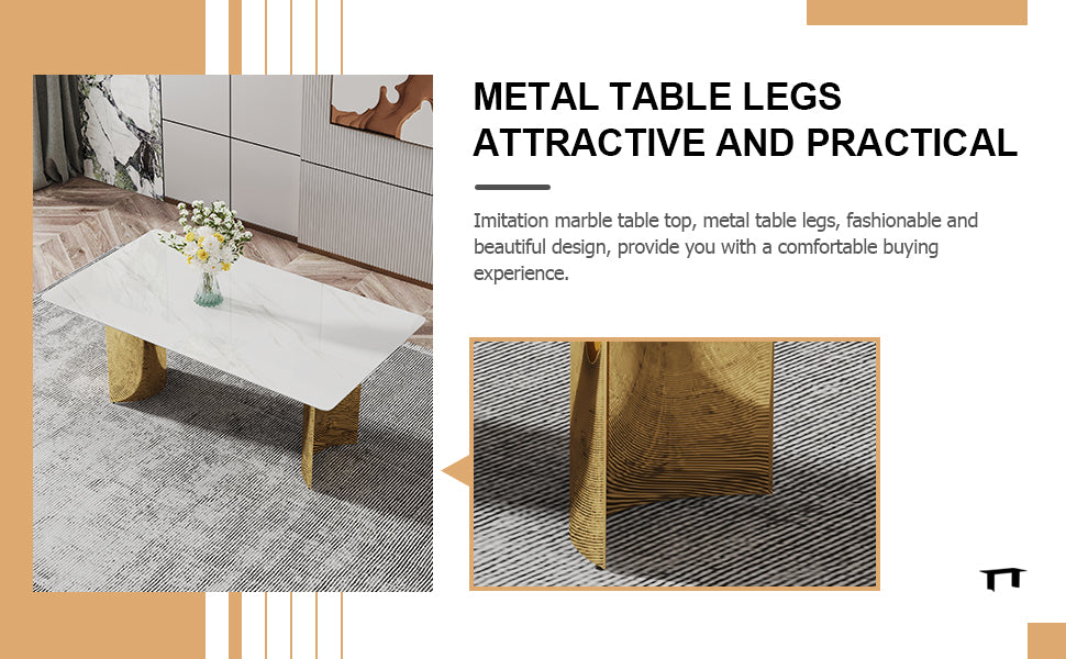 Stylish 71" Minimalist Dining Table with White Imitation Marble Glass Surface and Gold Metal Legs - Ideal for Dining Areas and Living Spaces