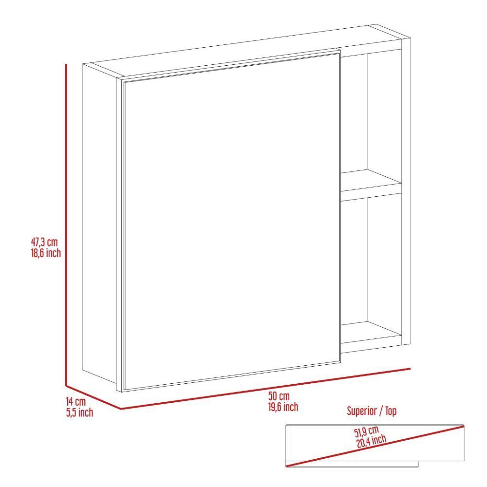 Armoire à pharmacie Oman, trois étagères internes, porte simple, deux étagères externes - Blanc