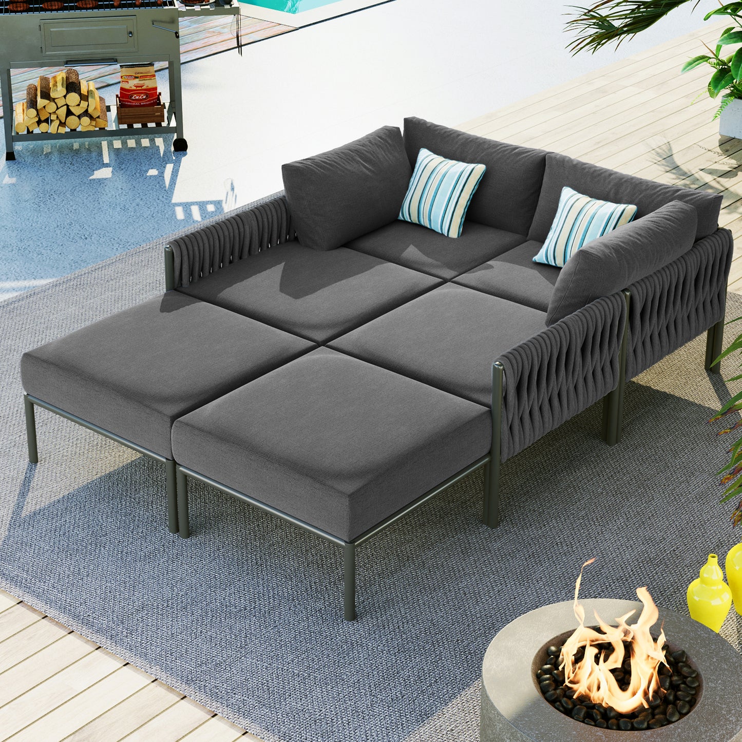 GO 6-Pieces Aluminum Patio Furniture Set, Modern Metal Outdoor Conversation Set Sectional Sofa With Removable Olefin Extra Thick Cushions 5.9" Cushion, Grey