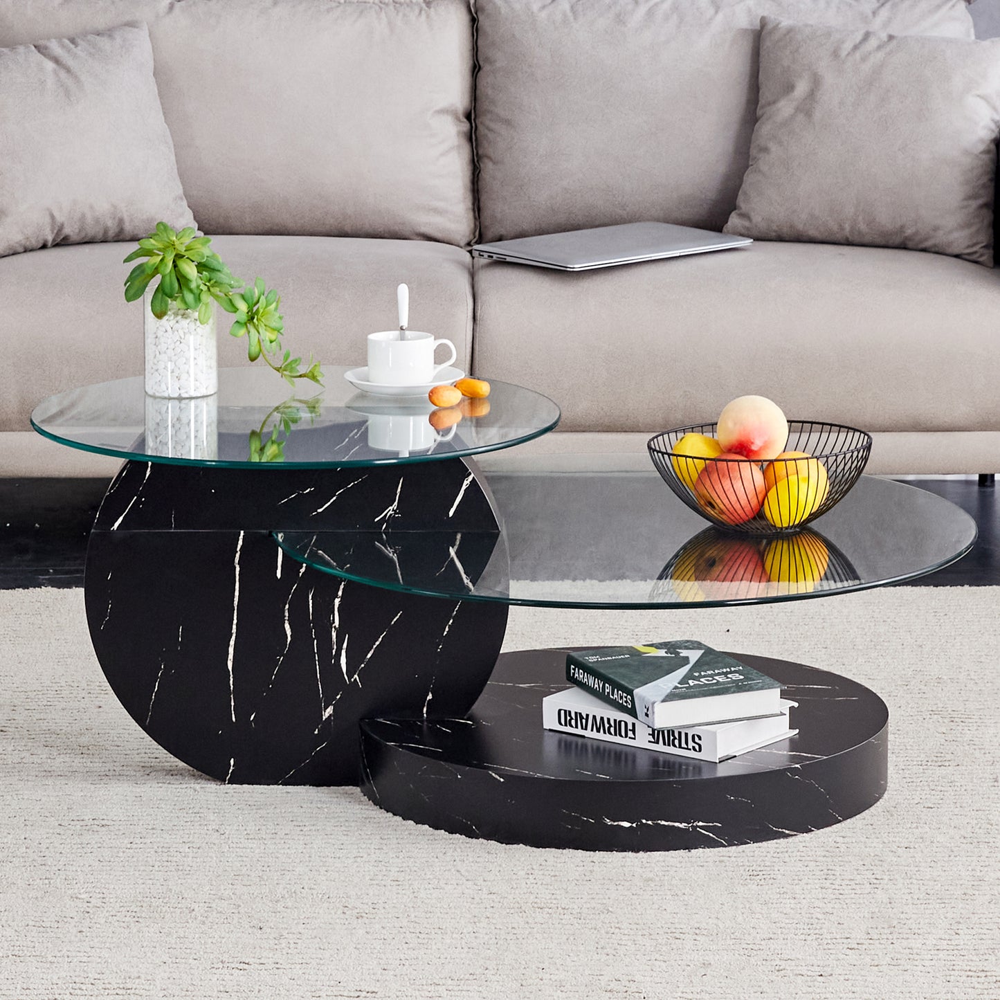 Contemporary Double-Deck Round Table - Functional Glass Top and MDF Legs, Suitable for Living Room