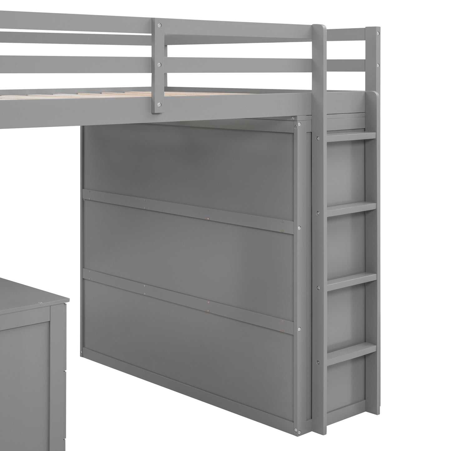 Full size Loft Bed with Drawers,Desk,and Wardrobe-Gray