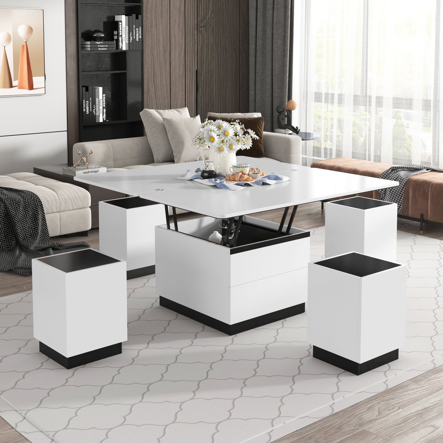 Modern White Lift Top Glass Coffee Table with Drawers & Storage Multifunction Table