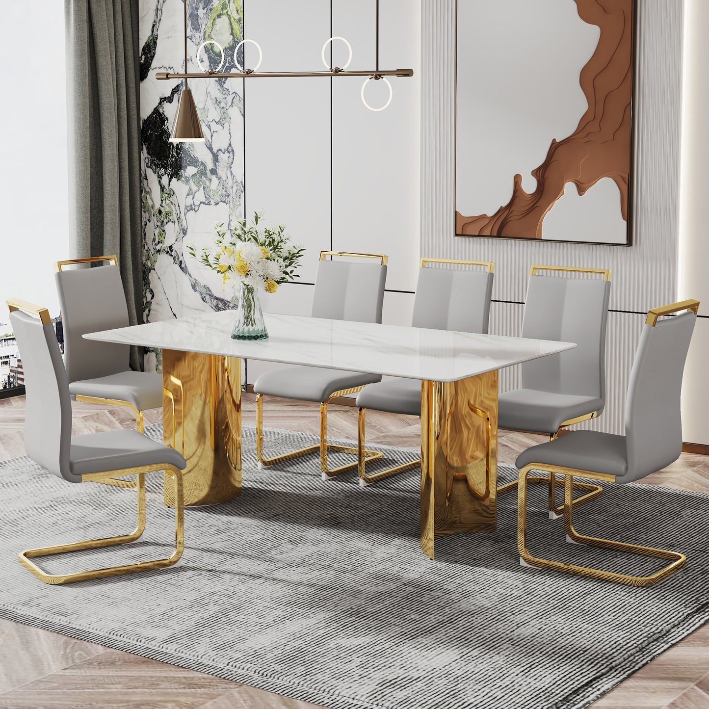 Stylish 71" Minimalist Dining Table with White Imitation Marble Glass Surface and Gold Metal Legs - Ideal for Dining Areas and Living Spaces