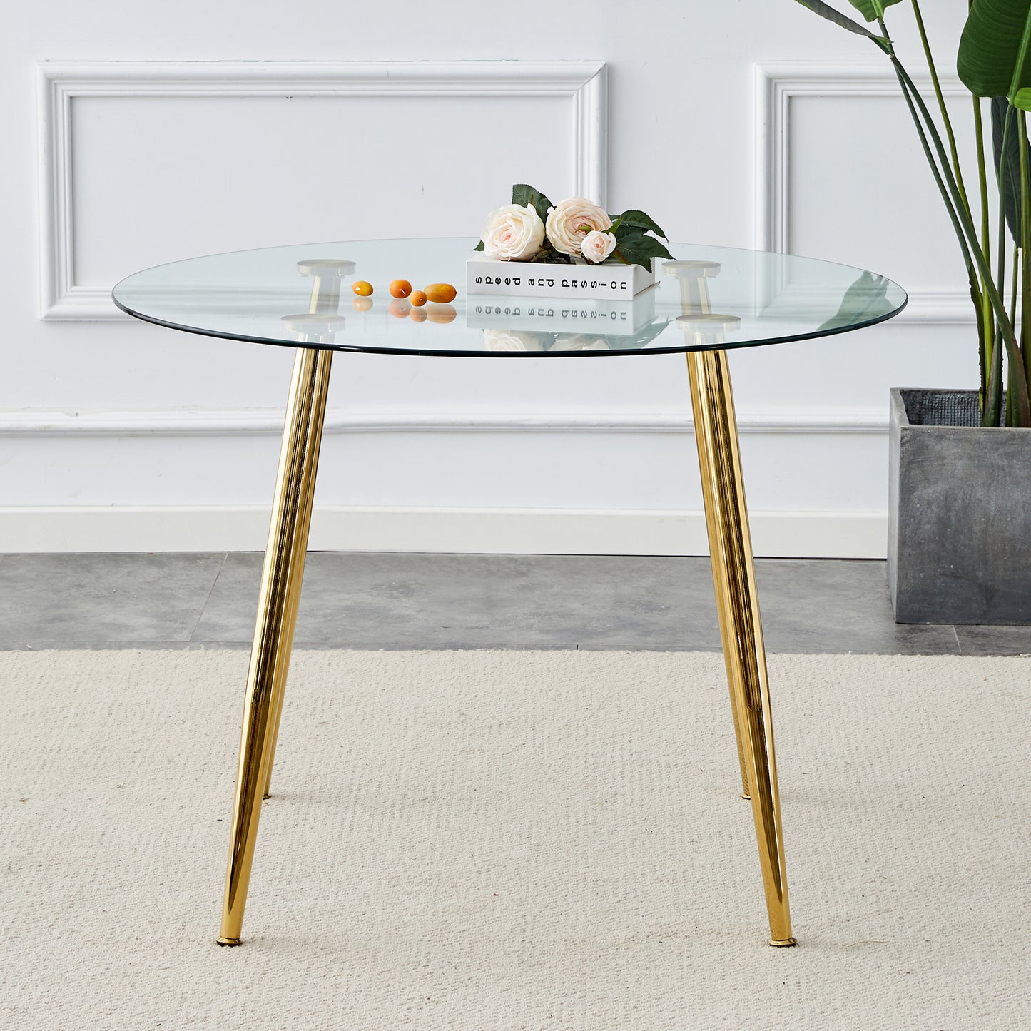 Elegant 40-Inch Round Glass Dining Table with Gold Plated Legs - Modern Minimalist Design