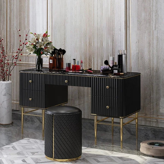 Black Makeup Vanity Table Marble Dressing Table with Drawers Gold Stainless Steel