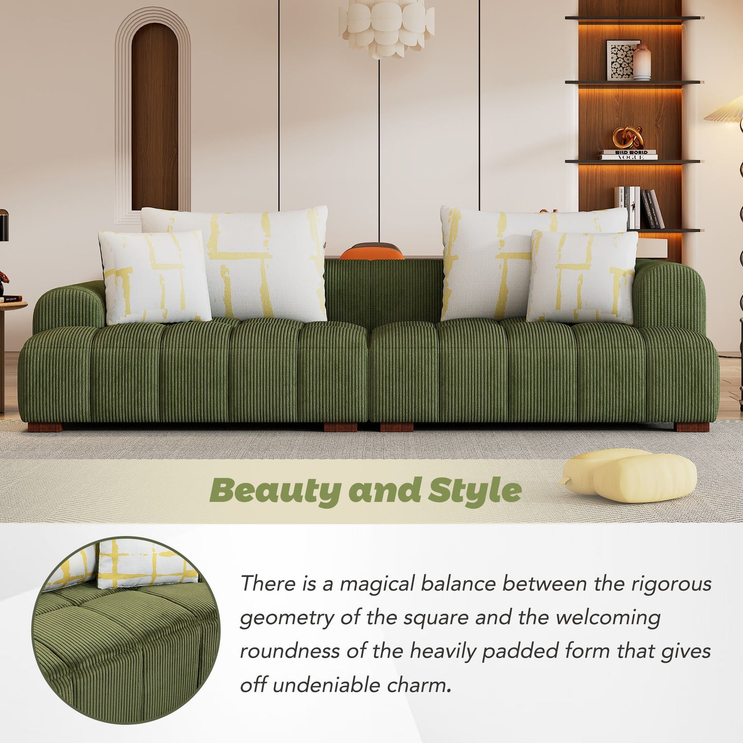 103.9" Modern Couch Corduroy Fabric Comfy Sofa with Rubber Wood Legs, 4 Pillows for Living Room, Bedroom, Office, Green