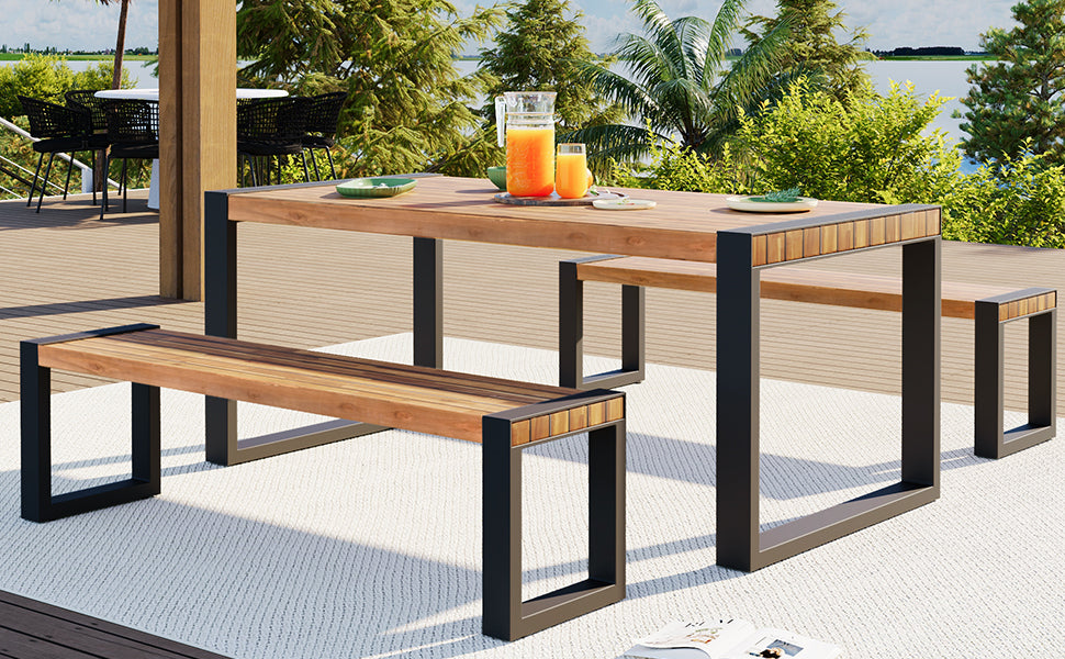 3-Piece Outdoor Dining Set: Acacia Wood Table & 2 Benches with Unique Texture, Durable Steel Frame for All-Weather Use