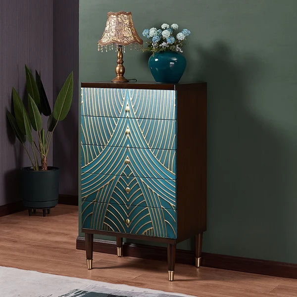 Novel Blue Cabinet Gold-Painted 5-Drawer Chest in Large