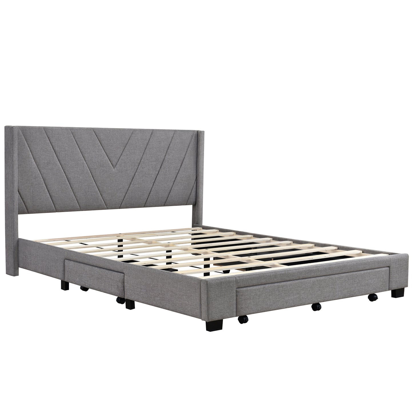 Queen Size Storage Bed Linen Upholstered Platform Bed with 3 Drawers (Gray)