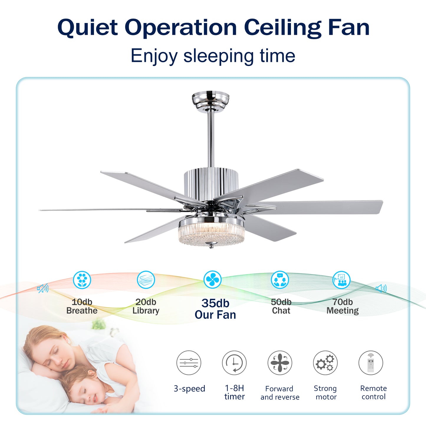 52" Modern Ceiling Fan with Remote - Chrome Finish, Wood Blades, LED Light for Living Room