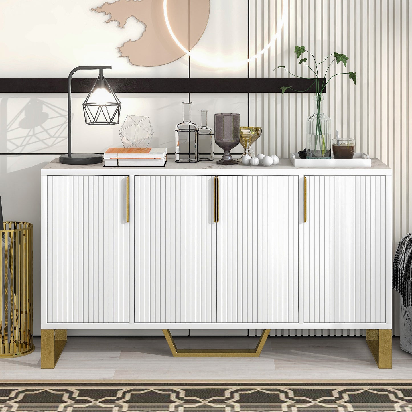 Modern sideboard with Four Doors, Metal handles & Legs and Adjustable Shelves Kitchen Cabinet (White)