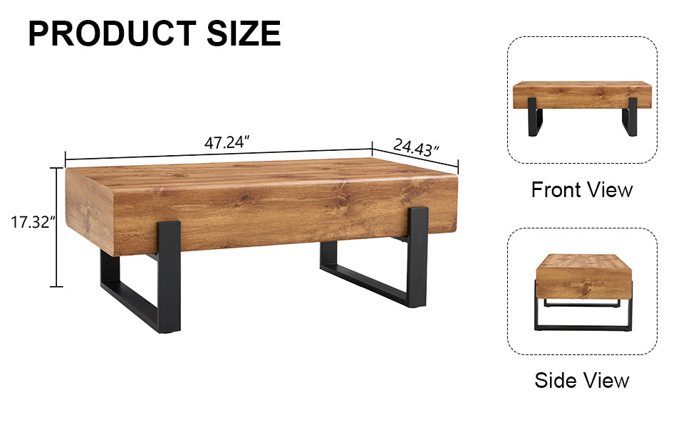 Natural Wood Tone Rustic MDF Coffee Table with Metal Legs