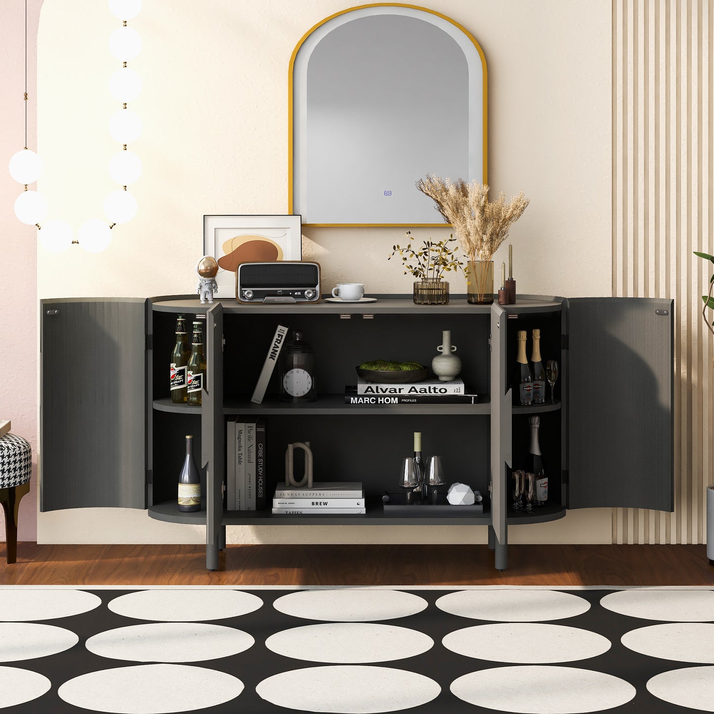 U-Style Curved Design Light Luxury Sideboard with Adjustable Shelves,Suitable for Living Room,Study and Entrance